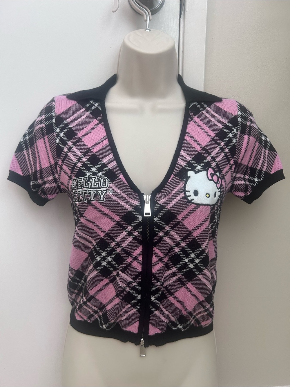 Hello Kitty Pink and Black Plaid Zip-Front Kids Sweater